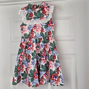 Janie‎ And Jack Floral Eyelet Ruffle Dress Size 5 Red Green Button Back Cotton